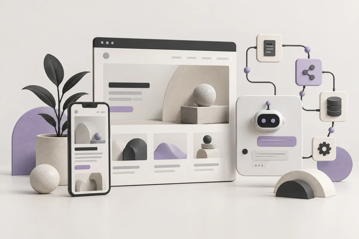 Illustration of a responsive website on desktop and phone connected to an AI chatbot and workflow tools