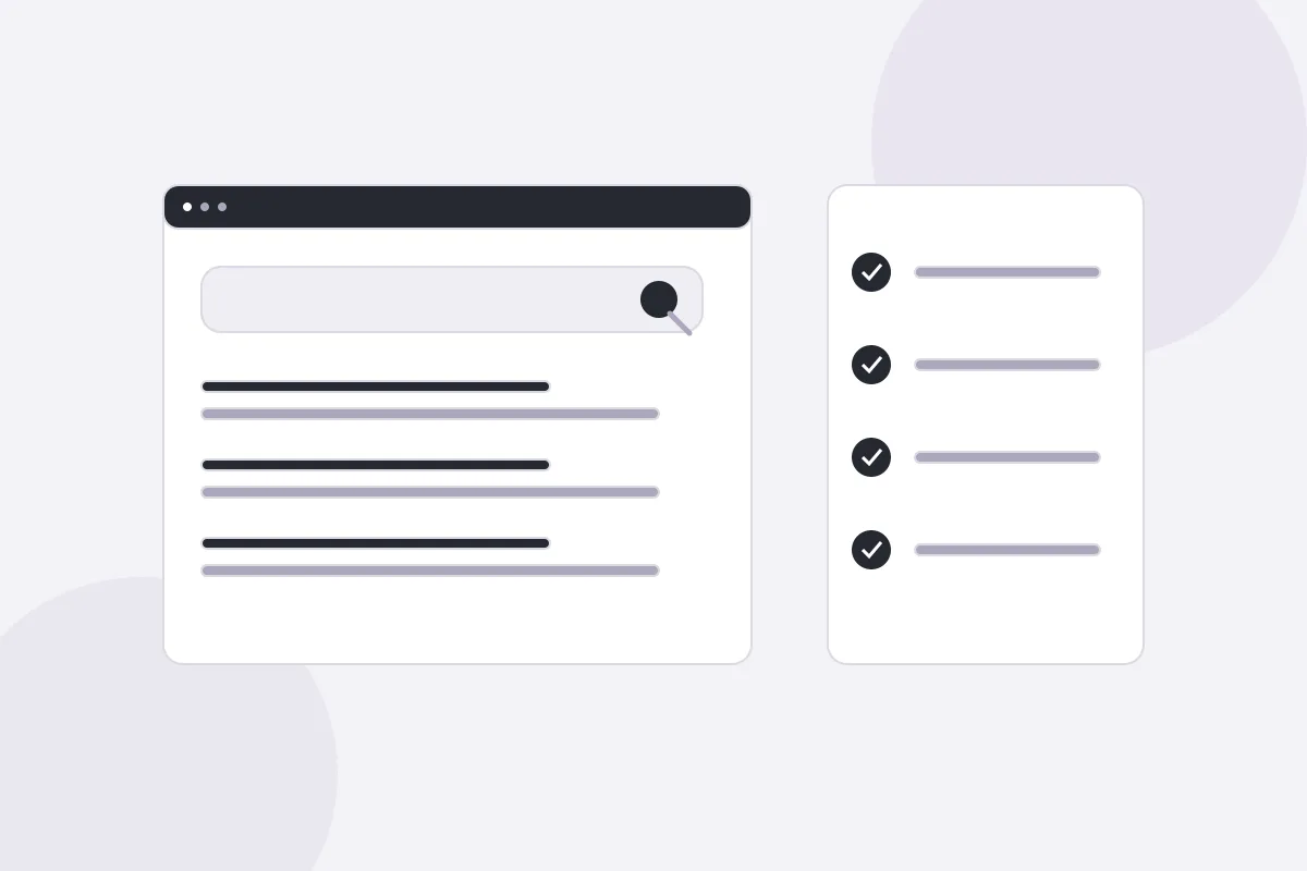 Illustration of a search results page alongside a technical website review checklist